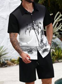 Manfinity RSRT Conjunto de camisa y pantalones cortos negros con degradado y estampado de palmeras para hombre de talla grande, atuendo de vacaciones