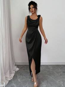 Elenzga Vestido de satén con cintura recogida, sin mangas, estampado floral, abertura alta, elegante y grácil para fiestas de primavera/verano, eventos formales, uso diario