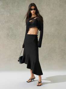 LYSMO 2025 New Arrival Spring-Summer Women's High-End Fashion Black Linen-Textured Midi Skirt Featuring A Ruffled Hem With Asymmetric Design. Perfect For Elegant, Fashion-Forward Styling, And Chic Everyday Office Wear