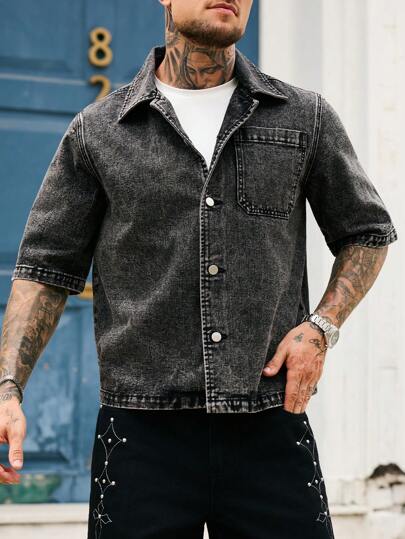 Manfinity Homme Camisa vaquera casual de manga corta y un solo pecho con bolsillo para hombres en verano