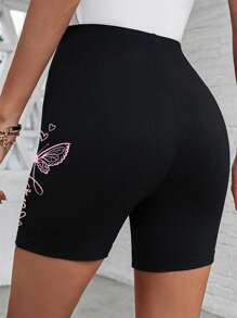 SHEIN LUNE LOVE Casual Butterfly & Letter Print High Waist Women Short Leggings, Summer Suitable For Going Out - Black - View 2