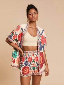 Travachic 2pcs/Set Women Vacation Loose Woven Short Sleeve Shirt & High Waist Loose Shorts,Vacation Style,Woven Graphic Printed,Casual Summer Vacation Outfits Woman,Bohemia Beach Vacation Outfits,Boho Chic,Holiday Festival Outfits,Beach Outfits For Woman,Summer Outfits For Women,Graduation Outfit,Birthday Outfits For Women,Beach Essentials,Suitable For Holiday Date, Afternoon Tea, Wedding Season, Beach Cruise Vacation, City Road Trip Vacation, Boho Vacation, Music Festival ,Elegant Clothes For Women - Multicolor - View 2