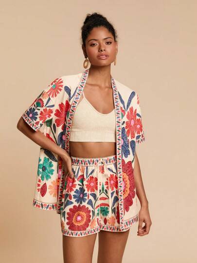 Travachic 2pcs/Set Women Vacation Loose Woven Short Sleeve Shirt & High Waist Loose Shorts,Vacation Style,Woven Graphic Printed,Casual Summer Vacation Outfits Woman,Bohemia Beach Vacation Outfits,Boho Chic,Holiday Festival Outfits,Beach Outfits For Woman,Summer Outfits For Women,Graduation Outfit,Birthday Outfits For Women,Beach Essentials,Suitable For Holiday Date, Afternoon Tea, Wedding Season, Beach Cruise Vacation, City Road Trip Vacation, Boho Vacation, Music Festival ,Elegant Clothes For Women,Tropical Vacation, Bohemian Outfits, Ibiza Outfits, Western Style