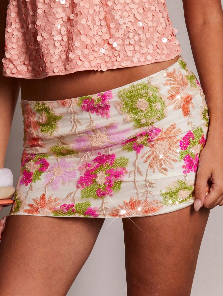 Athîral Váy mini họa tiết hoa sequin dành cho nữ, bốn mùa, trang phục ngày lễ, váy họa tiết, dễ thương, Y2K - Nhiều màu - Xem 1