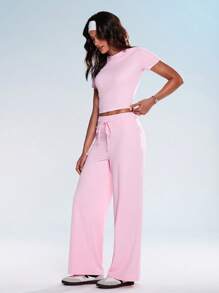 Eassivo Set de 2 piezas de ropa deportiva de verano para mujer, que incluye top de manga corta sólido y pantalones con nudo, conjunto de ropa deportiva de color rosa para hacer ejercicio - Rosa - Ver 3