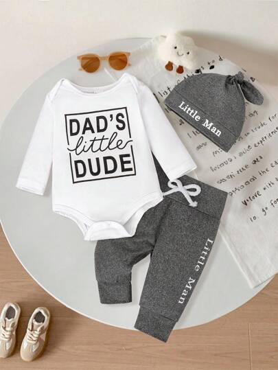 SHEIN Playful Pals 3pcs/Set Genkimix Newborn Baby English Letter Long Sleeve Romper + Bowknot Belt Pants + Adorable Hat Casual Outfit Fall Winter