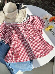 Comfortcana Áo sơ mi kẻ caro đỏ trắng thường ngày mùa hè cỡ lớn cho nữ - Nhiều màu - Xem 5