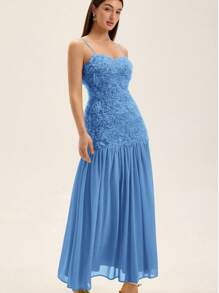 GENKIRA Vestido elegante y sofisticado para fiesta, con tela texturizada de rosa amarilla, empalmado, bajo de color block en chifón, de estilo romántico - Azul - Ver 4