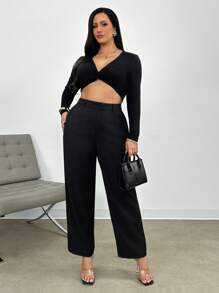 Firerie Plus Size Solid Color Suit Pants In Spring To Summer - Black - View 4