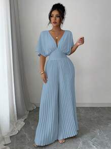 Elenzga Combinaison élégante pour femme, couleur unie, col en V profond, manches chauve-souris plissées