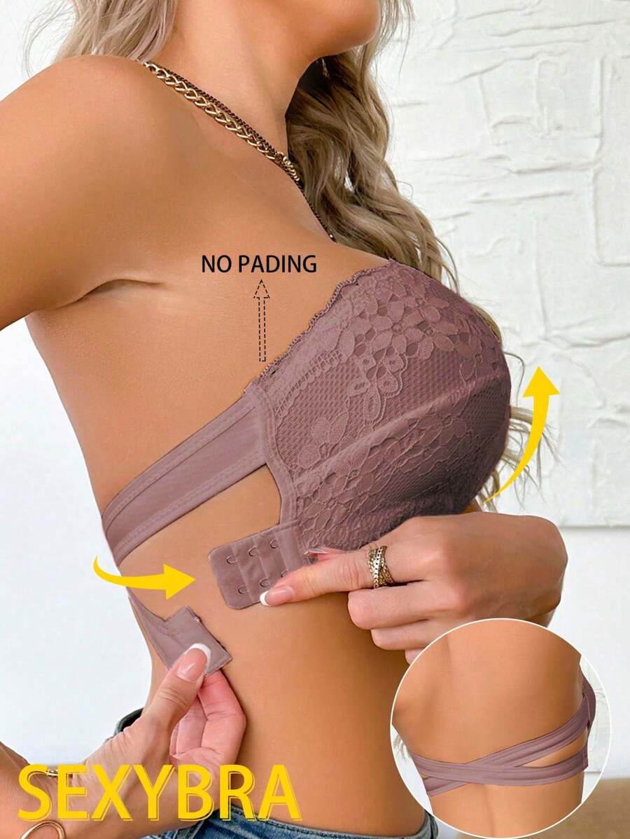 1pc Women's Lace Bandeau Bra, Wireless - Brown - View 1