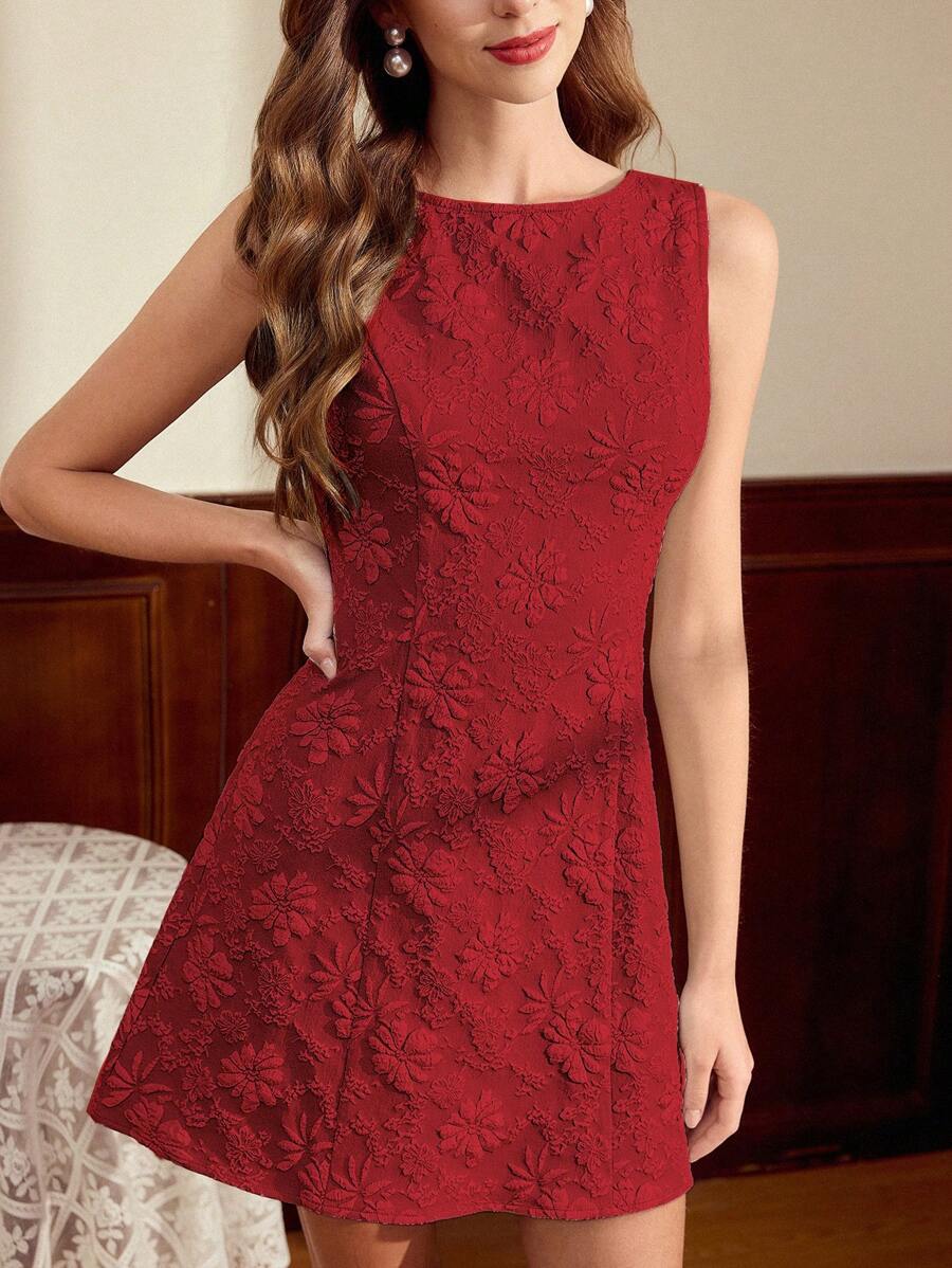 Vintamour 复古优雅度假连衣裙，提花修身迷你无袖连衣裙，绿色 - 酒紅色 - 查看 1