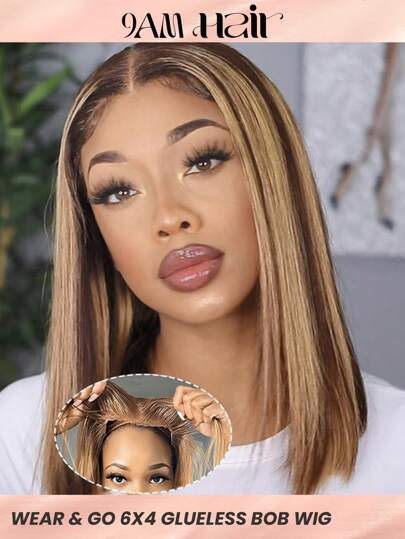 Glueless Wig Human Hair Ready To Wear Bob Wigs Highlight 4/27 Colored Straight Bob Human Hair Wig Glueless Pre-Cut Lace Bob Wigs