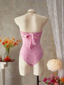 SHEIN Swim Bộ đồ bơi liền thân cắt xẻ bằng vải dệt kim Jacquard kim loại, thường ngày cho kỳ nghỉ hè trên bãi biển - Hồng - Xem 4