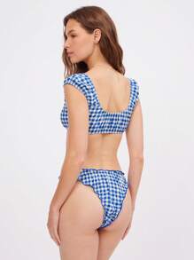 WESTFADE Gingham Low Rose Bow Front Lettuce Edge High Cut Leg Cheeky Coverage Bikini Bottoms Summer Beach Vacation Cute Boho - Blue - View 2