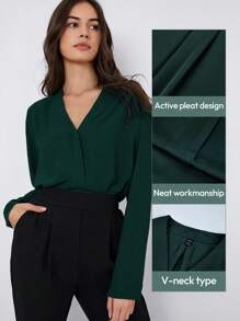 BizChic Women's Autumn Folded Pleated Solid Color Blouse, Basic Minimalist Elegant Business Casual Office Wear, Suitable For Work, Commuting