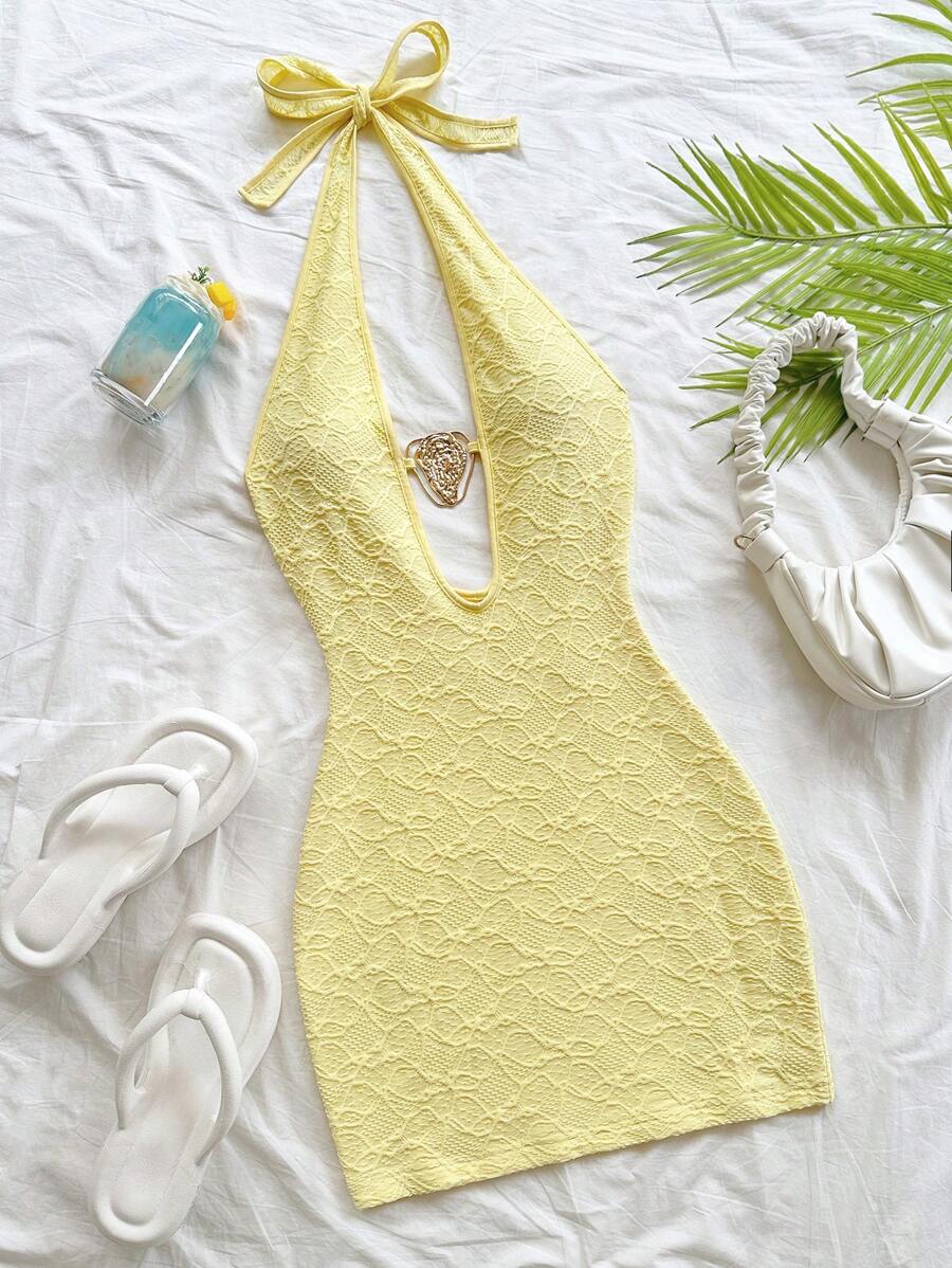 Soleia New Texture Halter Backless Tie Strap Mini Dress With Metal Decor, Blue - Yellow - View 1
