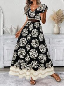 SHEIN LUNE Shirred Cap Sleeve Cinched Waist Ruffled Hem A-Line Dress, Casual Vacation Floral Print Women Dress,Bohemian Clothes