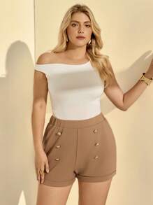 Auralis Plus Size Women Elegant Khaki High Waist Shorts,Summer Everyday Casual Comfortable Metal Buckle Slim Curve Shorts,Office Wear Business Party Bottom - Khaki - View 4