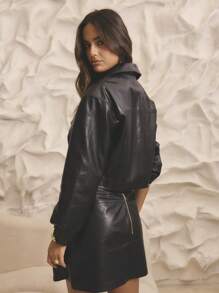 Aralina Veste courte à l'aspect PU avec manches larges et boutons-pression, style hiver