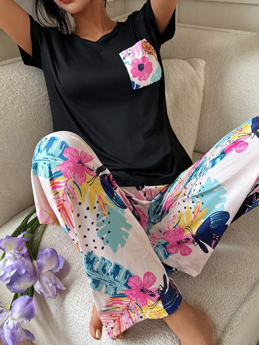 SHEIN 蝴蝶与花朵印花女士休闲睡衣套装 - 黑色 - 查看 1