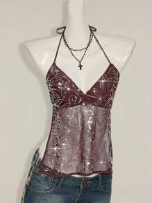 SHEIN ICON Women's Sexy Y2K Sequin Mesh Open Back Halter Neck Top - Coffee Brown - View 5