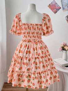 Flirla Plus Size Rhinestone Shirred Patchwork Strawberry Print Shirred Summer Short Sleeve Women Dress - Multicolor - View 2