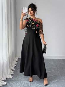 SHEIN Elenzya 大码女式优雅花卉刺绣网眼腰无袖连衣裙 - 黑色 - 查看 5