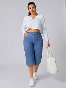 Flexra 大码女式弹力牛仔休闲直筒七分裤 - 藍色 - 查看 3