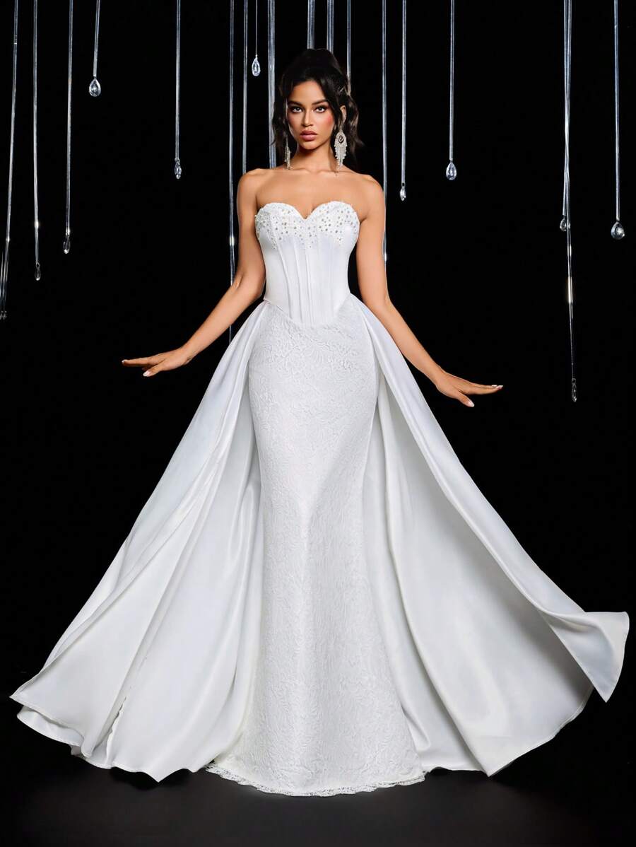 Glamrae 复古优雅仿古白色双领鱼骨紧身胸衣，配有可调节后系带，美人鱼下摆，适合正式场合、婚礼