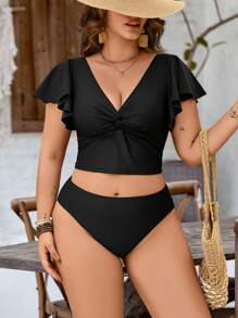 Swim Basics Plus Size Women Summer Beach Solid Color Twist Ruffle Short Sleeve Tankini Swimwear Set - Black - View 1