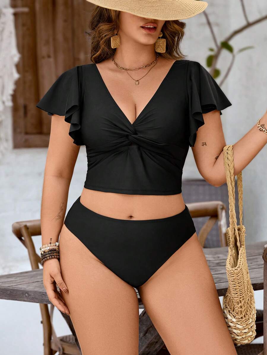 Swim Basics Plus Size Women Summer Beach Solid Color Twist Ruffle Short Sleeve Tankini Swimwear Set - Black - View 1