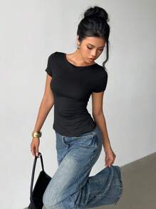 Siren Gaze Black Lace Patchwork Backless Metal Button Slim Short Sleeve Women's T Shirt,Going Out Tops,Women's Streetwear,Concert Party Tops,Ysk Women's Tops,Rave Outfits Festival,Ibiza Outfits,Vacation Top, Bohemian Vacation Beachwear Backless Top,Vacation Evening Wear Festival Occasion Summer Casual - Black - View 4