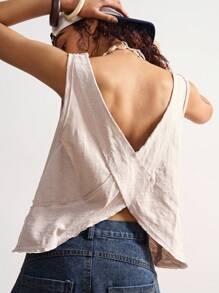 Bohemela Women's Solid Knitted V-Neck Asymmetrical Hem Tank Top Cotton - Beige - View 2
