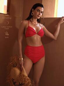 MOTF PREMIUM Bikini estivo con bustino arricciato, schiena scoperta e allaccio dietro il collo di colore unito