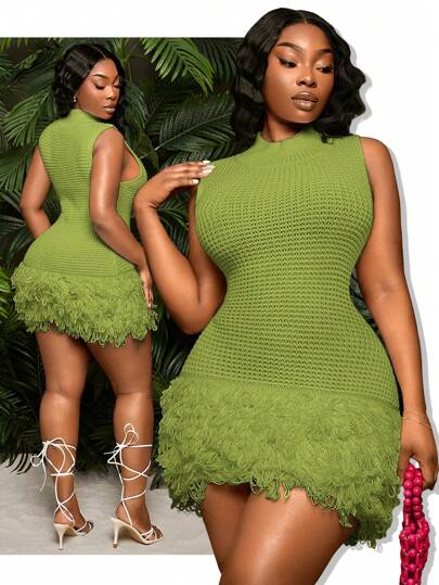 SHEIN SXY 大码女式春夏新款 V 领无袖镂空流苏修身迷你针织连衣裙，适合日常穿着、音乐节、音乐会、狂欢派对、海滩度假、约会之夜、生日、单身派对装、俱乐部、可爱、休闲、购物、街头服饰、外出、易于搭配且看起来修身，突出您的身材，修饰身材