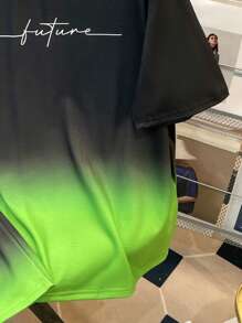 SHEIN 2 件套青少年男童休闲渐变色短袖短裤套装，街头朋克摇滚风格，适合日常外出、派对、音乐节、春夏季，黑/绿色英文标志 - 綠色 - 查看 6