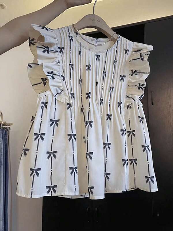 SHEIN Frenchy Women's Summer Cap Sleeve Pressed Pleat Bowknot Pullover Shirt, Fashionable Summer Style  Blusas Casuales Para Dama  Blusas Femininas Elegantes