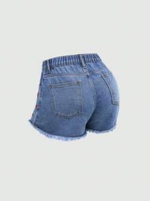 Teens Girls Blue Denim Shorts,Cute Summer Floral Embroidery Mid-Waist Loose Straight Leg Streetwear,Back-To-School Sweet 16 Y2K Vintage Ripped Jeans - Medium Wash - View 2