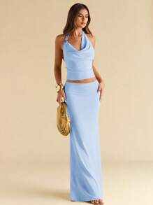 SHEIN BAE Women's Metal Decor Coffee Brown Fish Tail Fitted Knit Set With Halter - Baby Blue - View 5