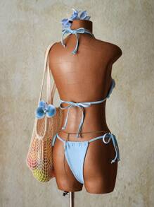 SHEIN ICON Ensemble de maillot de bain bikini deux pièces sexy avec décoration de coquillage et lien licou pour femmes, tenue pour le 4 juillet - Bleu azur - Voir 2
