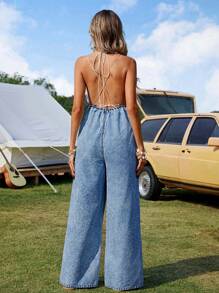 Breezaya Women's Summer Crossed Back Wide Leg Denim Jumpsuit - Medium Wash - View 6