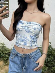 SHEIN 少女休闲简约舒适碎花褶饰设计吊带背心 - 淺藍色 - 查看 1