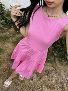 SHEIN Teens' Girl Casual Simple Comfortable Round Neck Sleeveless Ruffle Hem Dress With Bowknot Back Design - Hot Pink - View 5
