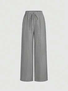 Sweetra Bộ 2 món/Bộ áo crop top không dây kẻ sọc rộng rãi mùa xuân & quần ống rộng, phong cách giải trí giản dị & sang trọng dành cho nữ - Đen và trắng - Xem 8