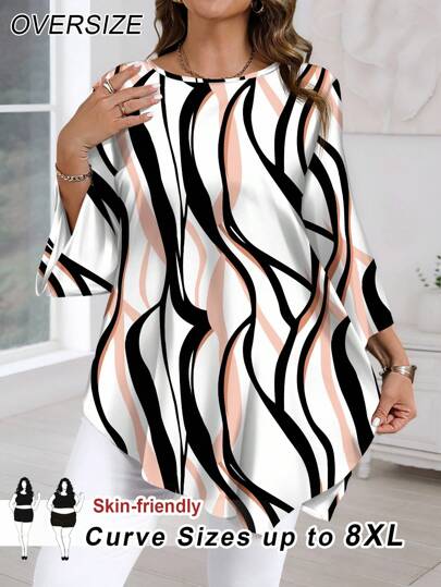 SHEIN CURVE+ Plus Size Extra Long Asymmetrical All Over Print Shirt Summer And Fall Women Clothes Chic Blouses For Women