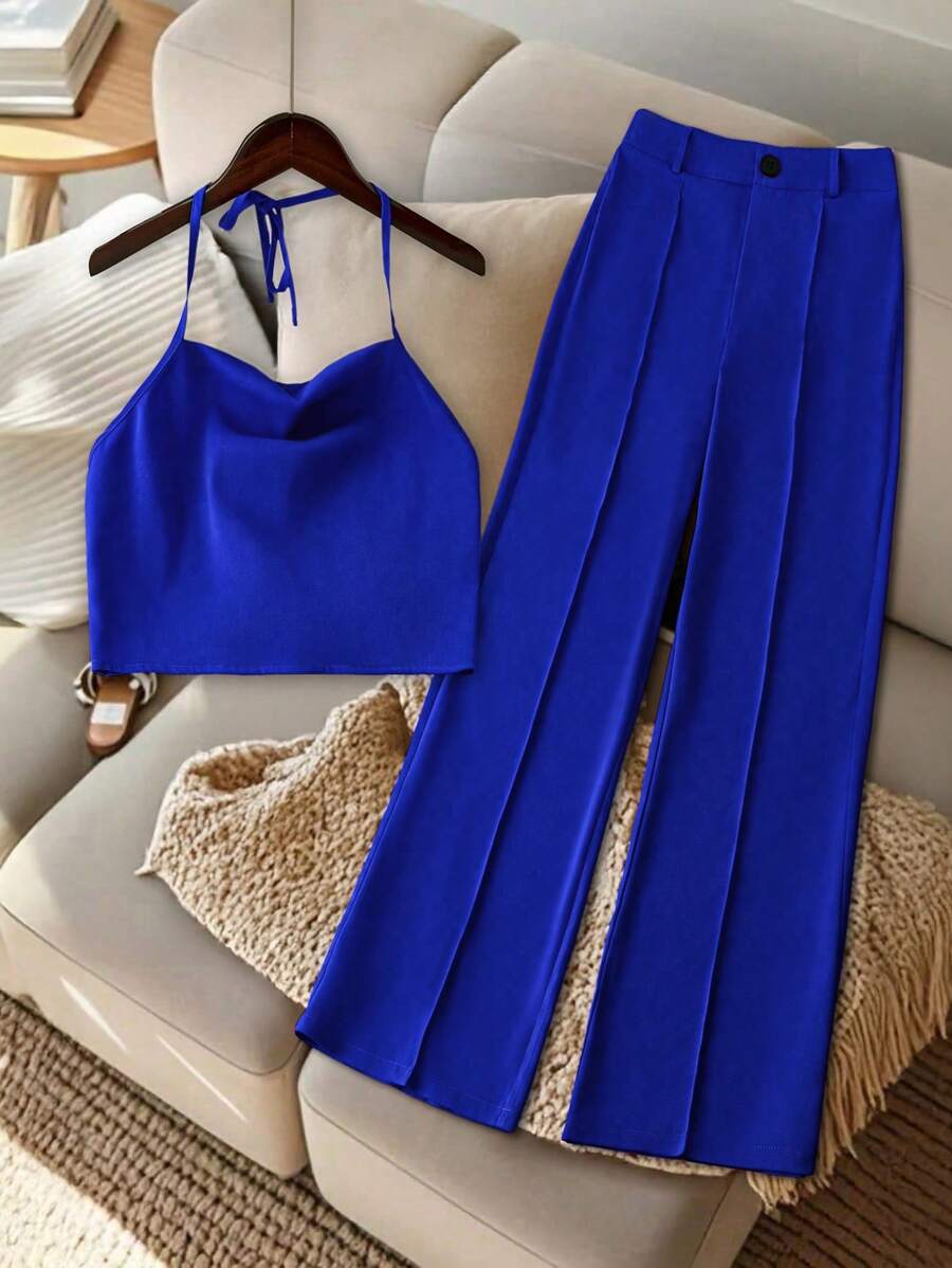 Franclia 2 Stücke/Set Damen einfarbiger Halter Top mit Schleife und Hose - Königsblau - Übersicht 1