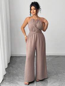 Elenzga 大码女式休闲卡其色褶皱面料肩带交叉领口串珠腰部纽扣和蝴蝶结设计喇叭形连体裤，适合春夏季、学校、毕业典礼、情人节、音乐节、母亲节、万圣节、感恩节、复活节、国庆节、联欢晚会、约会、派对、婚礼、户外旅行 - 卡其色 - 查看 4