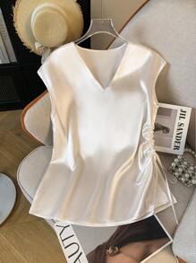 GlowEve Women's Plain Satin V-Neck Pleated Summer Elegant Blouse