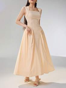 Heiryn Women's Elegant Swan Neck Cinched Waist Solid Color Summer Dress - Yellow - View 3